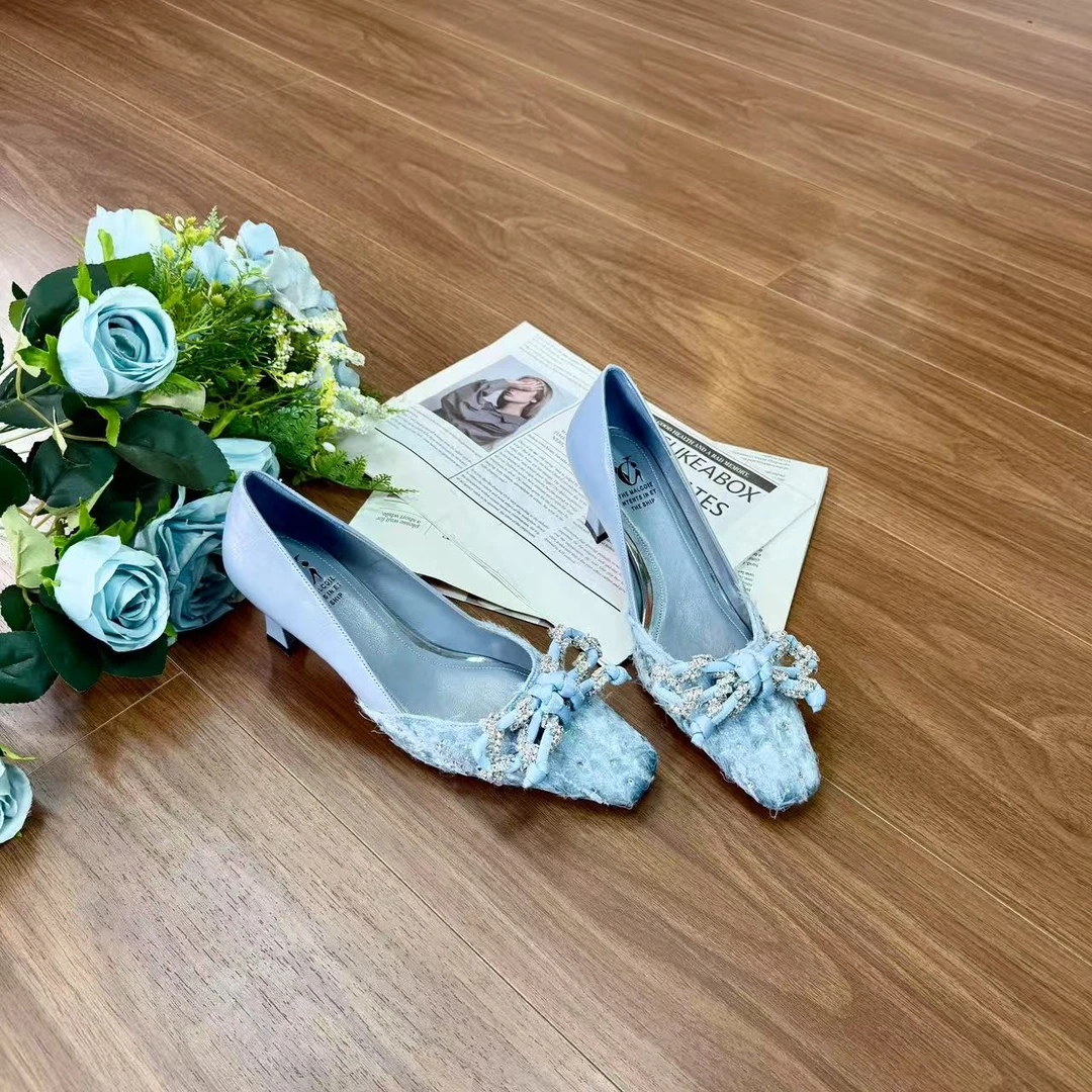 范戈希跟高6CM方头拼接蝴蝶结时尚蓝色气质浅口高跟单鞋买1赠3