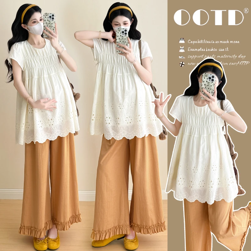 孕妇装遮肚子不显怀上衣 2025新款夏季镂空宽松T恤抽绳阔腿裤套装