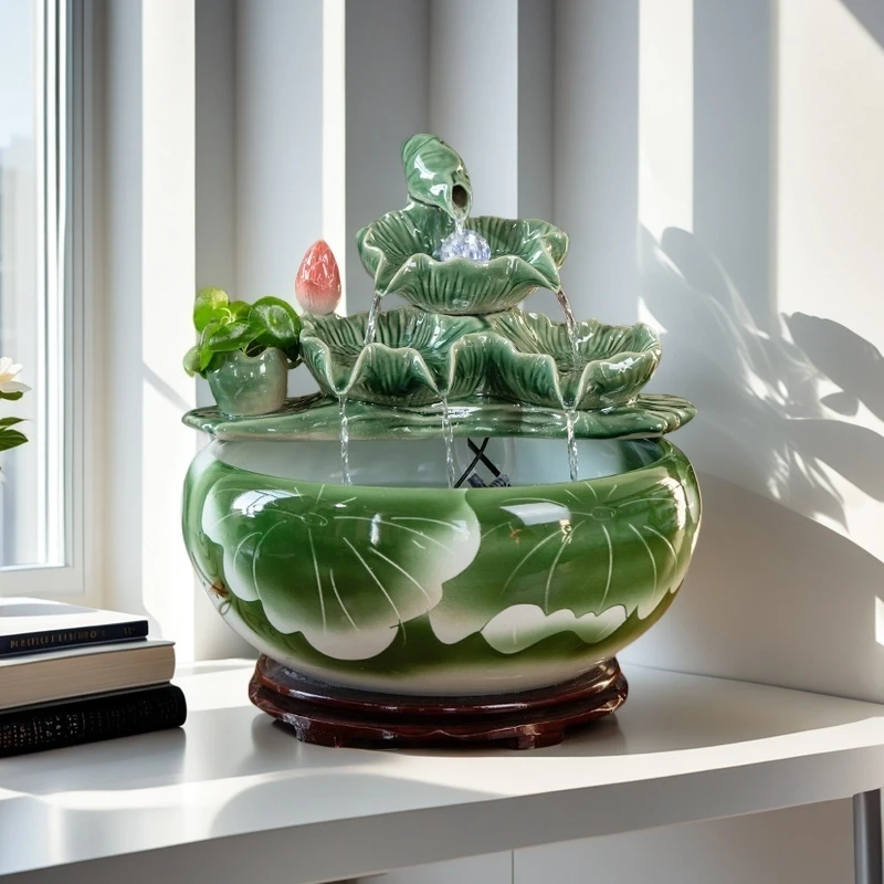 风水招财流水摆件循环水陶瓷客厅桌面造景可养鱼带循环水荷花