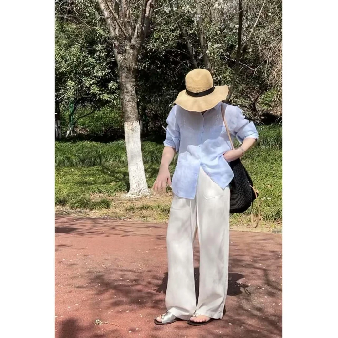 “白富美” 人手必备两条 白色不透巨显瘦天丝亚麻休闲裤 24-119