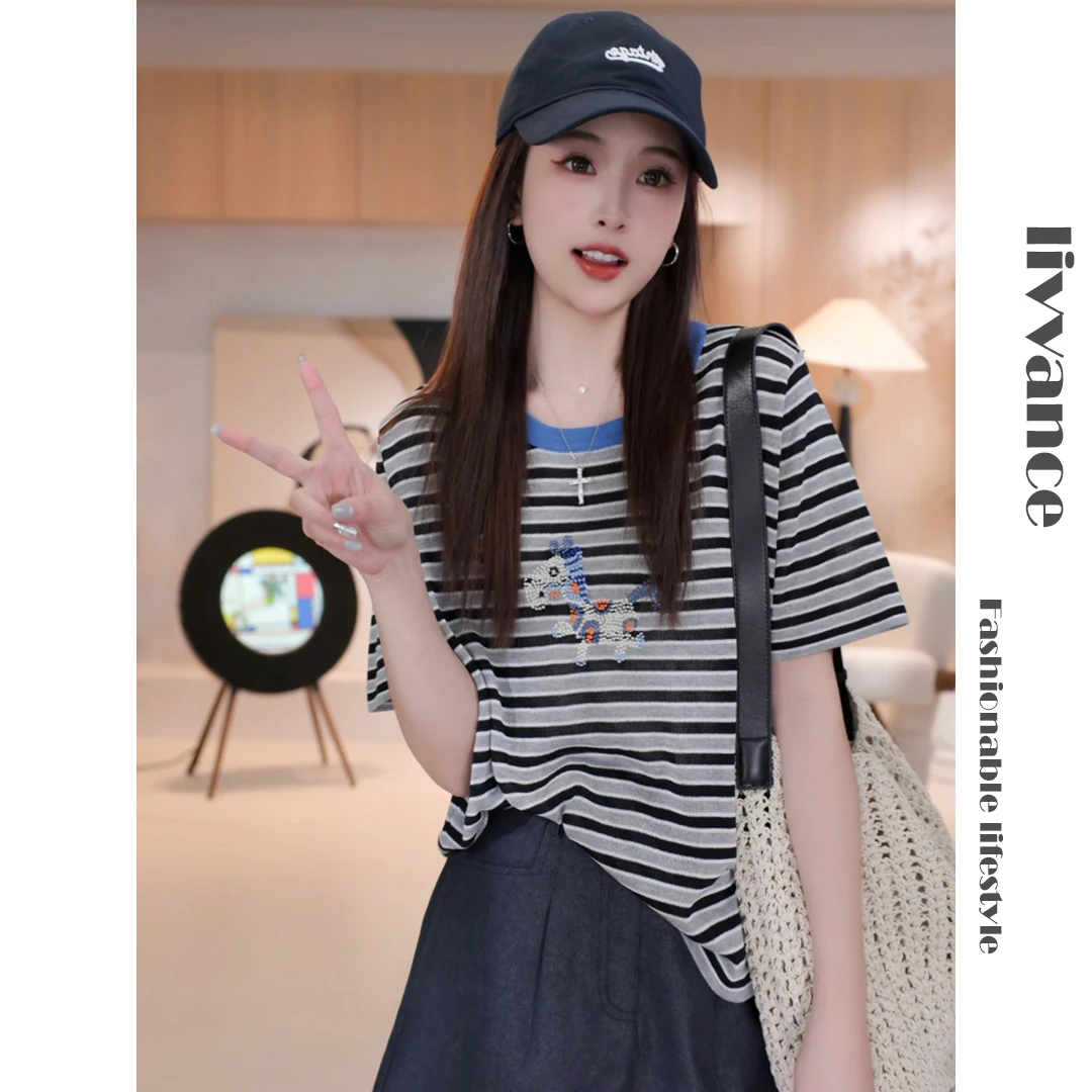 夏季新款女士小马刺绣撞色条纹圆领宽松显瘦韩版短袖T恤ins时尚