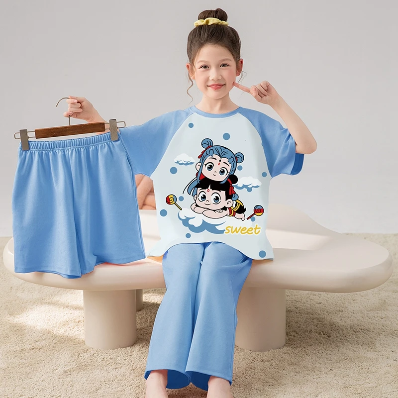 bejirog/北极绒女孩卡通洋气夏季新款纯棉圆领睡衣大童外穿三件套