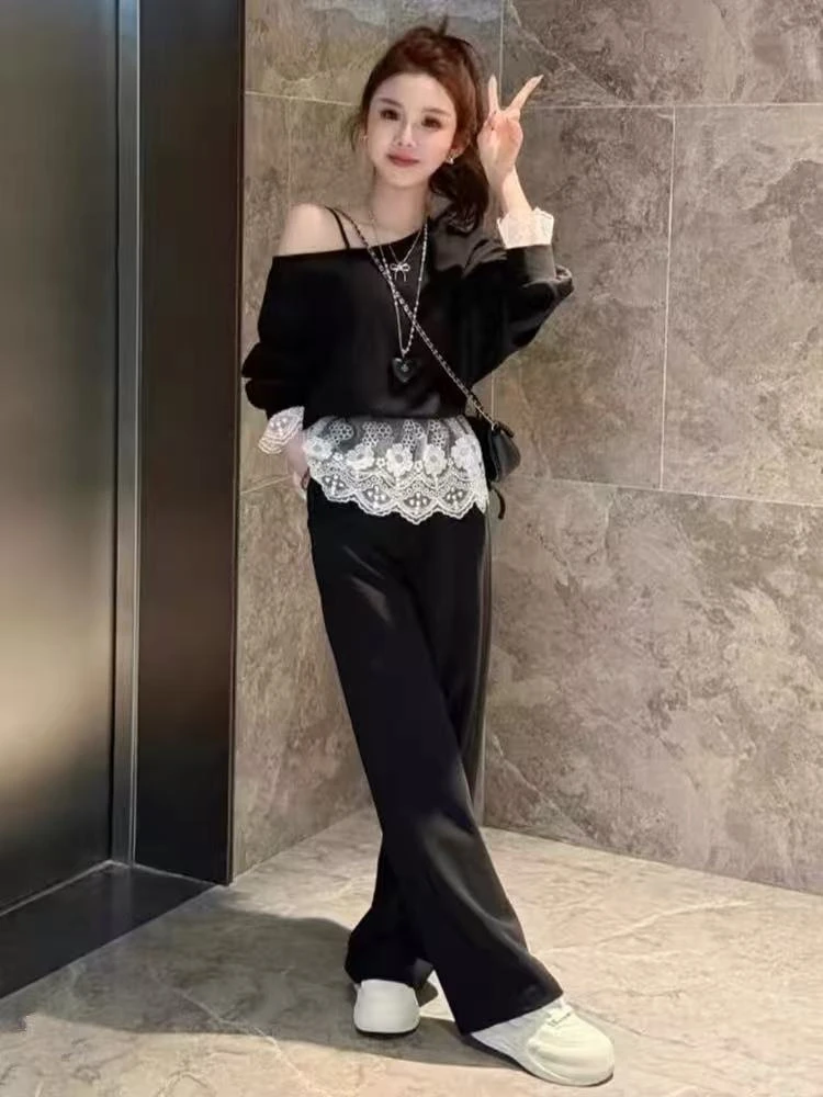 2025秋季新款时尚法式蕾丝拼接袖口露肩气质上衣长裤套装2571