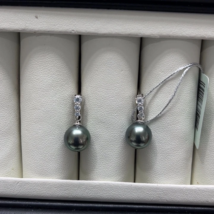 海水珍珠漏大溪地三颗锆耳坠9-10mm银S925镶嵌