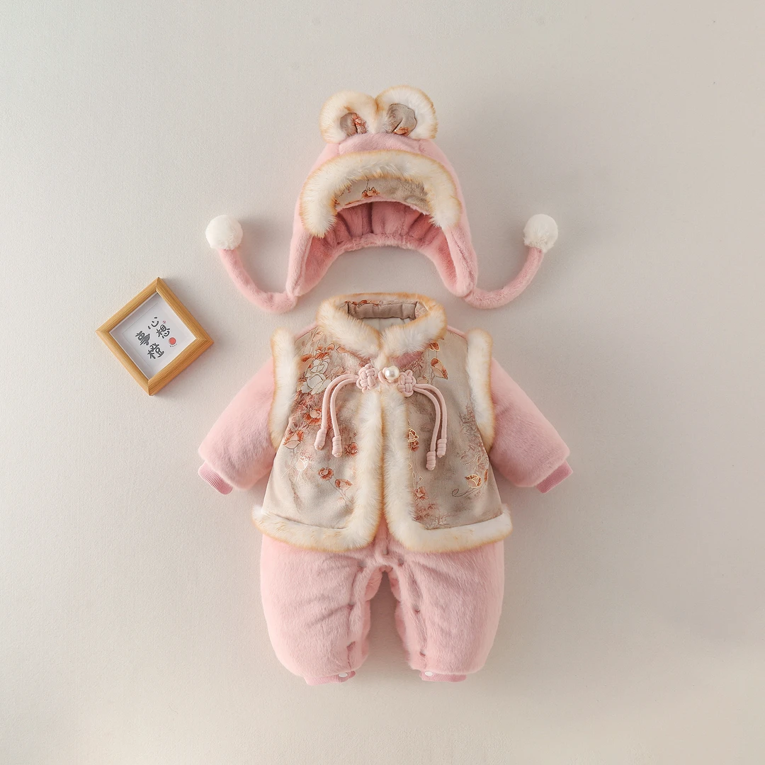 婴儿连体衣中国风喜庆拜年服加厚女宝冬装连体衣新生儿冬季外出服