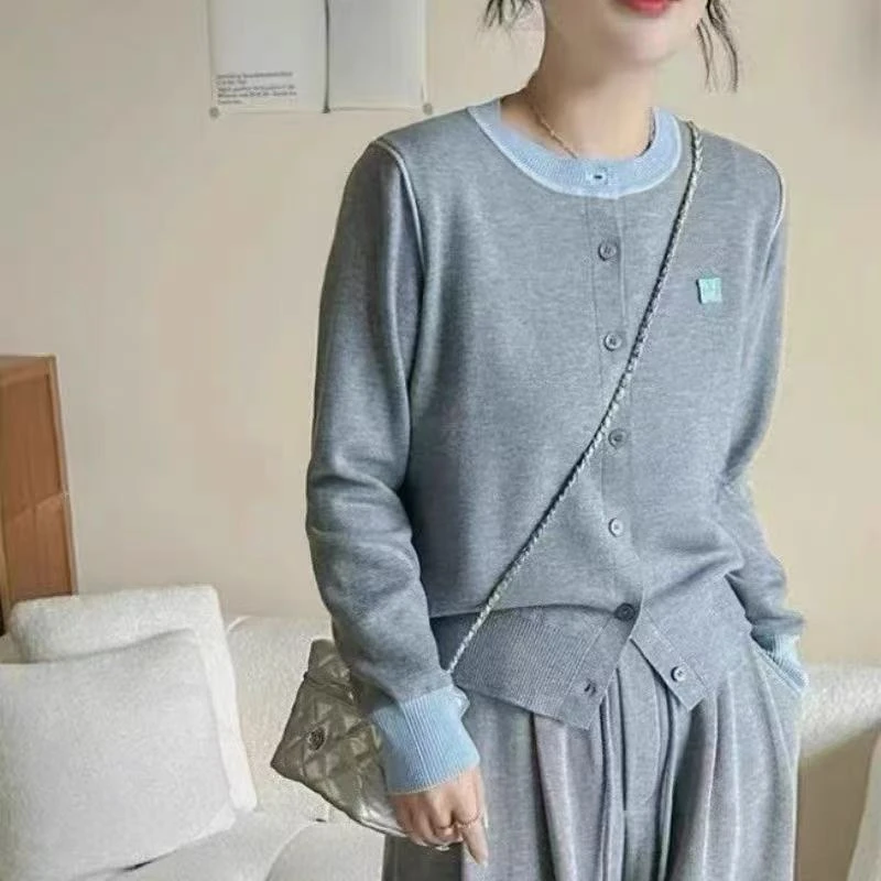 拼色羊毛针织开衫女2025春季新款韩系百搭圆领宽松单排扣毛衣外套