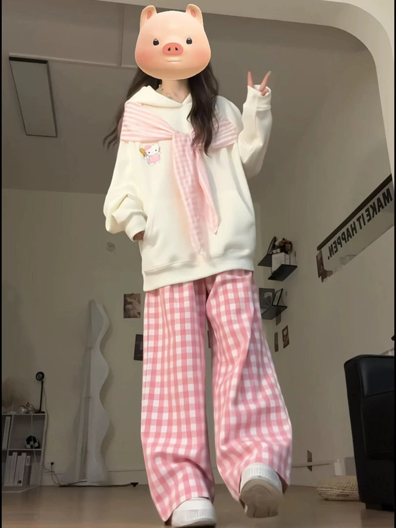 可爱kitty猫刺绣蝴蝶结绑带连帽卫衣女秋冬新款宽松慵懒风ins上衣