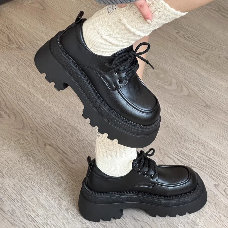 江心白2024秋冬新款学院风百搭厚底增高小个子百搭松糕鞋系带皮鞋