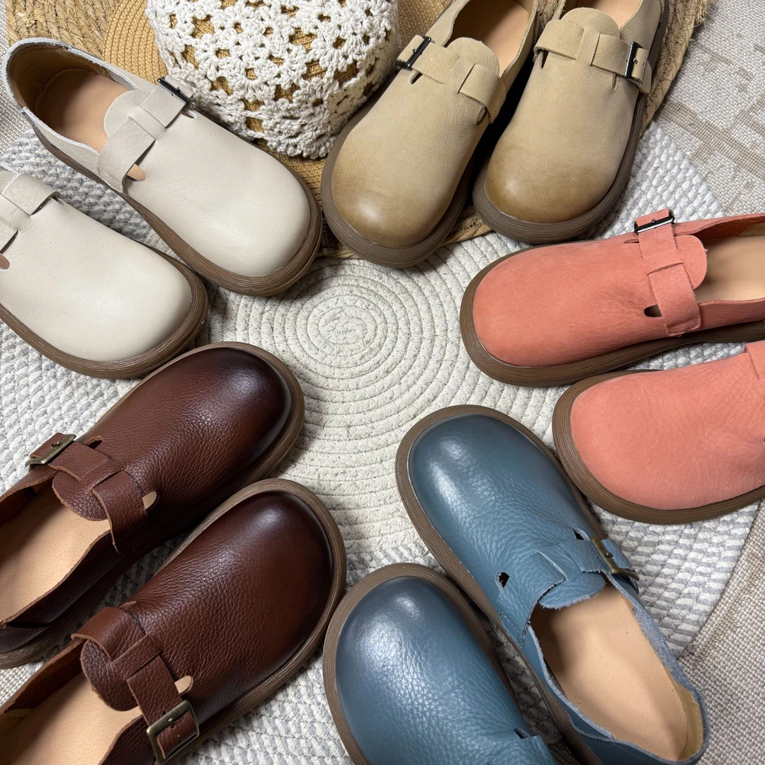 复古真皮圆头厚底百搭小单鞋秋季新款头层牛皮软底防滑舒适女鞋