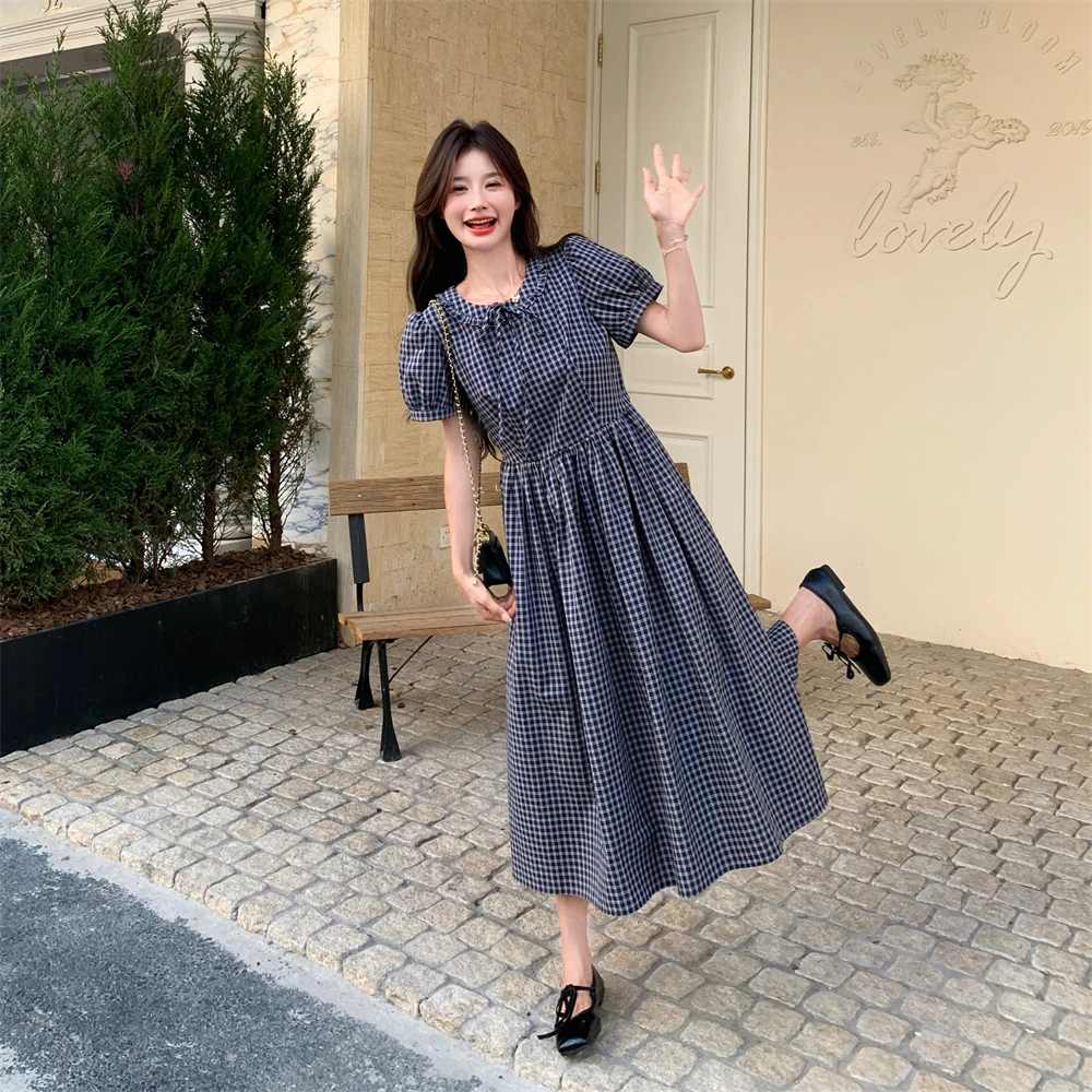 法式复古格子泡泡袖连衣裙女夏2025新款甜美超好看爆款温柔风长裙