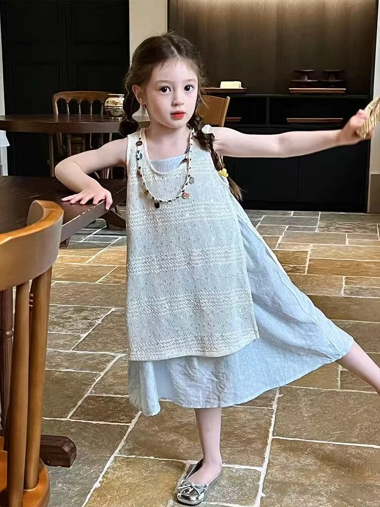 女童2025新款儿童度假风连衣裙夏季儿童时髦裙子亮片镂空背心裙套