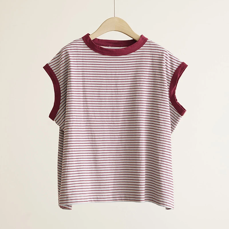 日单复古酒红条纹小飞袖女士T恤（250454）2357