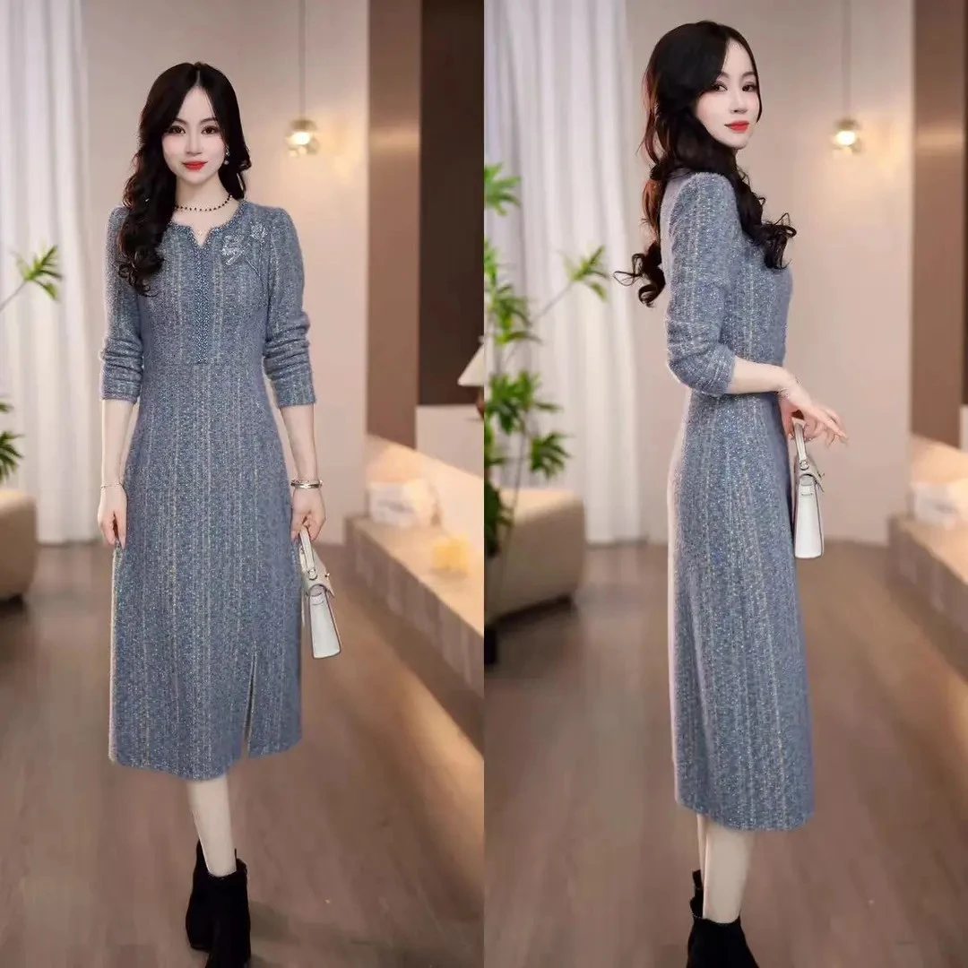 【连衣裙】雪花绒冬季新款小V领精致浮花设计优雅大气显瘦连衣裙