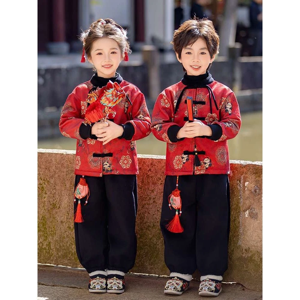 男童汉服套装唐装儿童国风潮中式拜年服元旦演出礼服红色本命新年