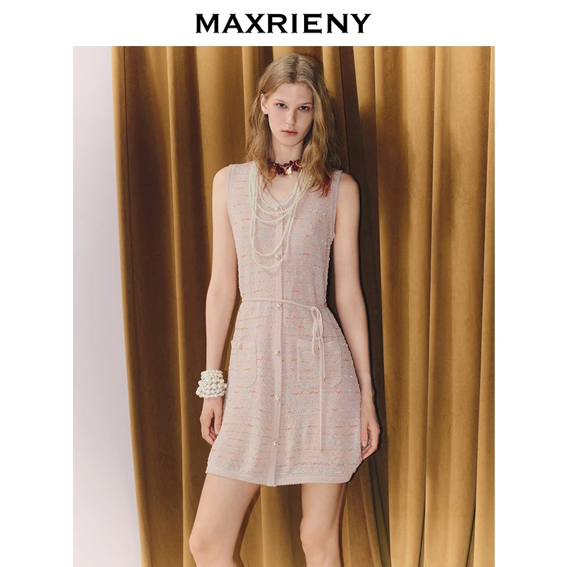 【商场同款】MAXRIENY幻彩针织v领收腰连衣裙25秋款轻正式穿搭女