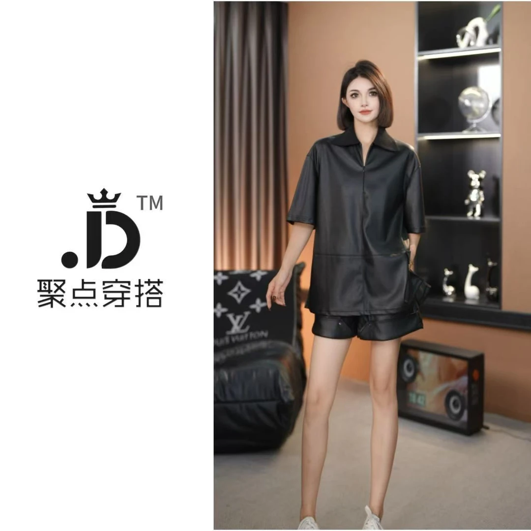 JDUIAN-【黑骑士】针织领拼接皮上衣+短裤两件套8jd00284-1