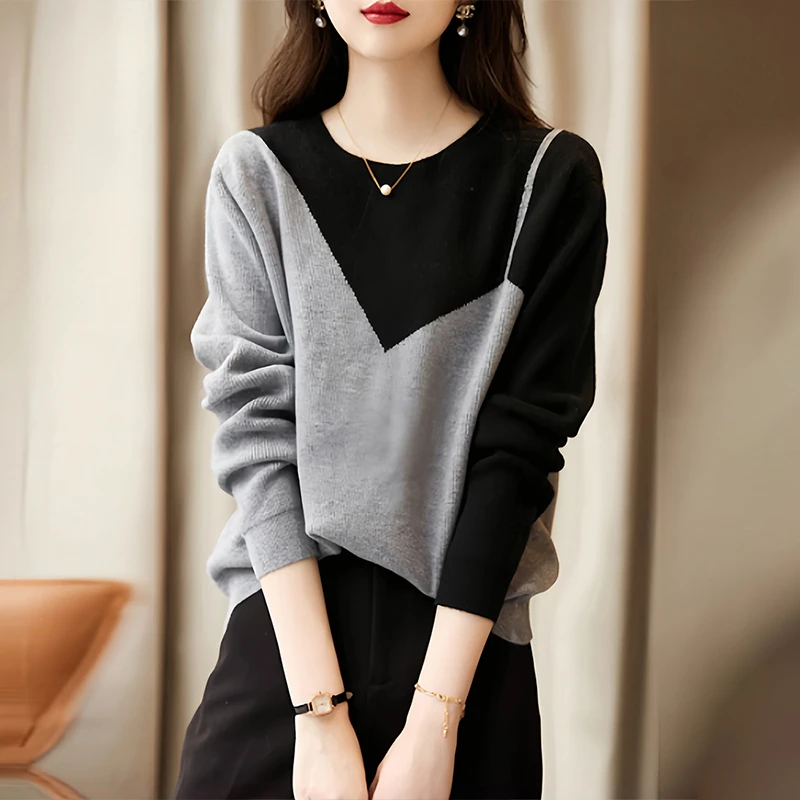 女士圆领针织衫2025新款洋气减龄显瘦慵懒内搭打底毛衣假两件上衣