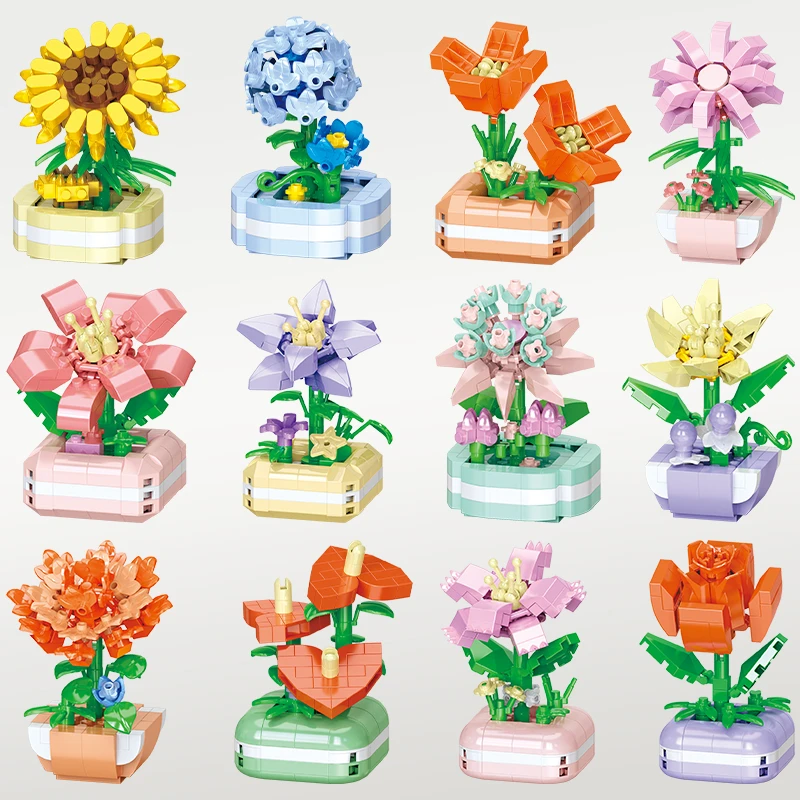 乐乐兄弟微颗粒盆栽摆件儿童益智拼装鲜花植物积木男孩子玩具礼物