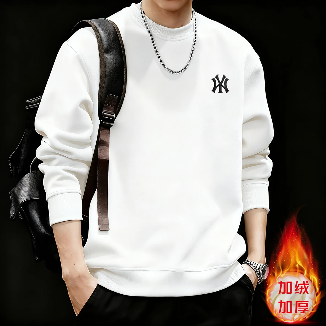 刺绣圆领宽松型秋季长袖美式卫衣男士百搭打底衫套头加绒加厚卫衣