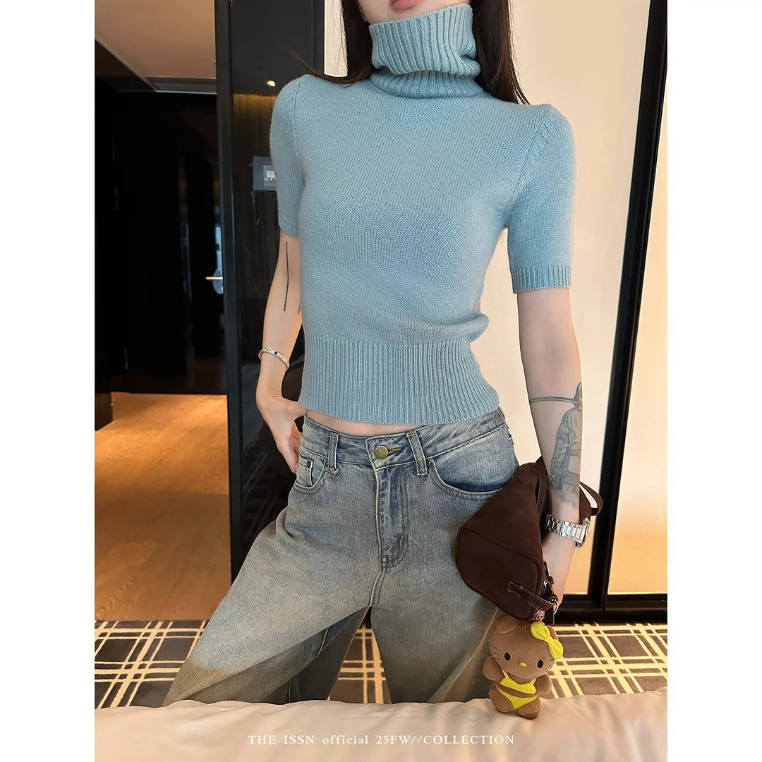 THEISSN宁司 高领正肩内搭短袖针织衫女秋季修身打底衫 01494