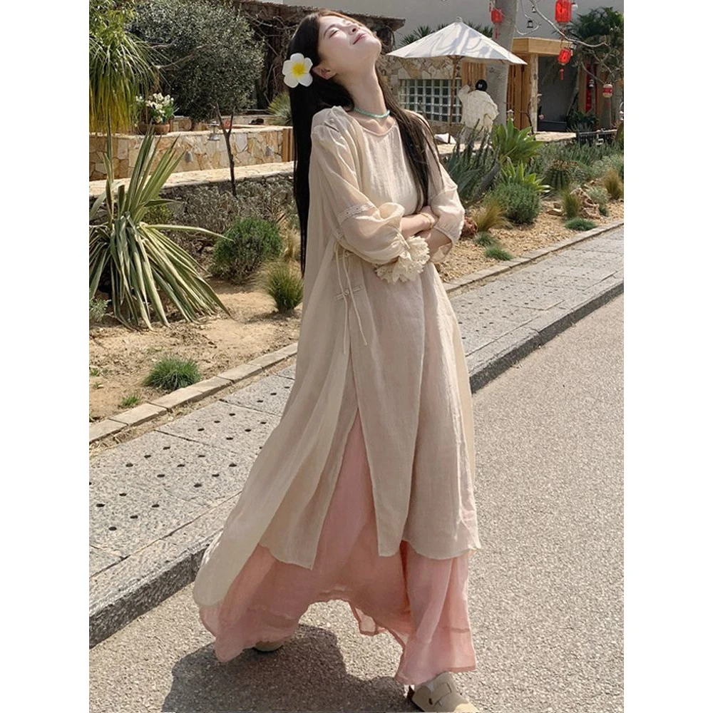 E国风仙气新中式盘扣系带连衣裙25夏季女新款复古宽松半身裙套装