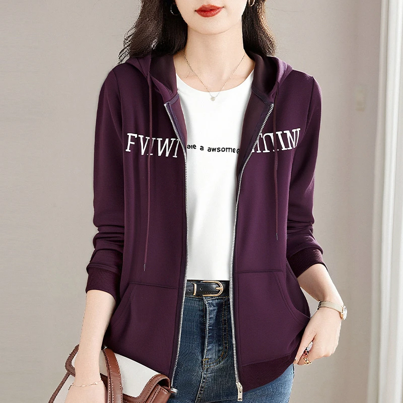 春秋薄款连帽拉链卫衣女装秋季新款美式字母刺绣外套休闲开衫上衣