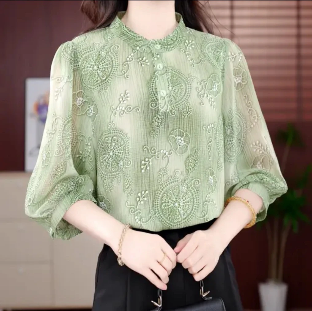 X8828新款碎花衬衫气质复古减龄宽松遮肚显瘦百搭七分袖上衣女