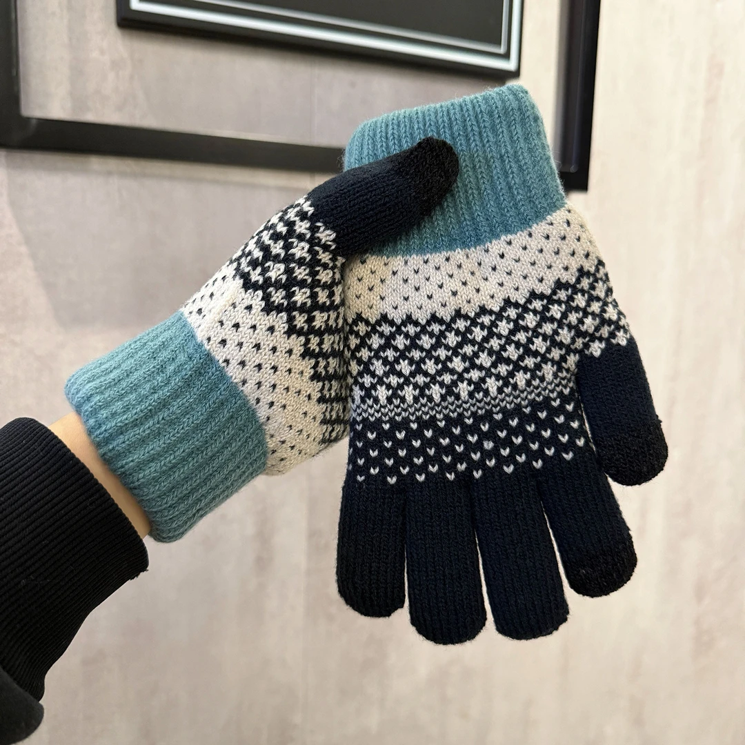 2025新款韩版针织毛线手套男女冬季加厚保暖防寒拼色双层加绒手套