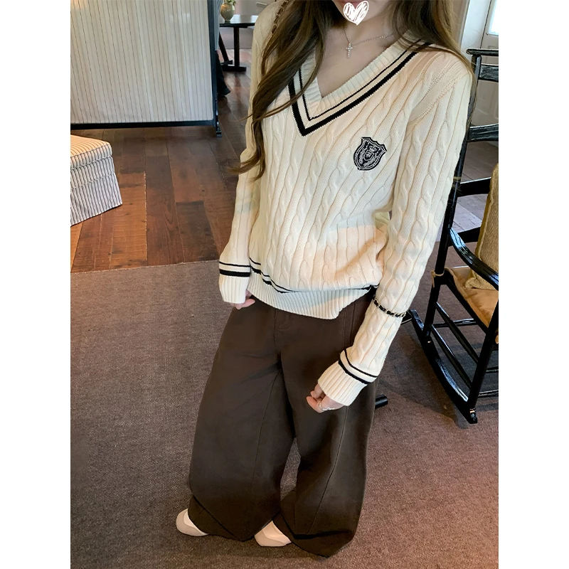 针织衫女装韩系v领撞色学院麻花设计2025年秋季长袖打底上衣毛衣