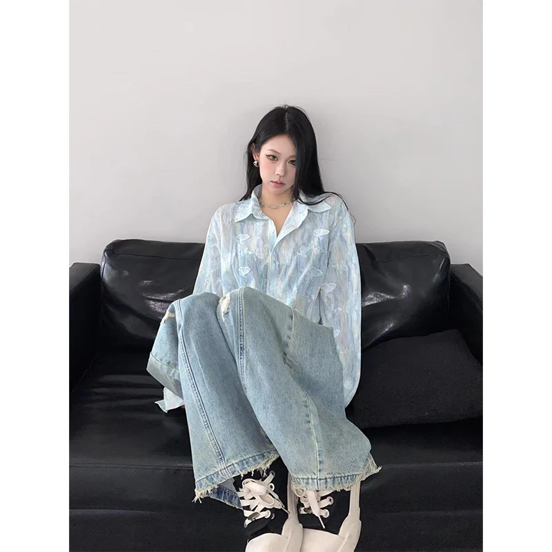 韩系高级感穿搭松弛感立体蝴蝶上衣衬衫外套女高腰牛仔直筒拖地裤