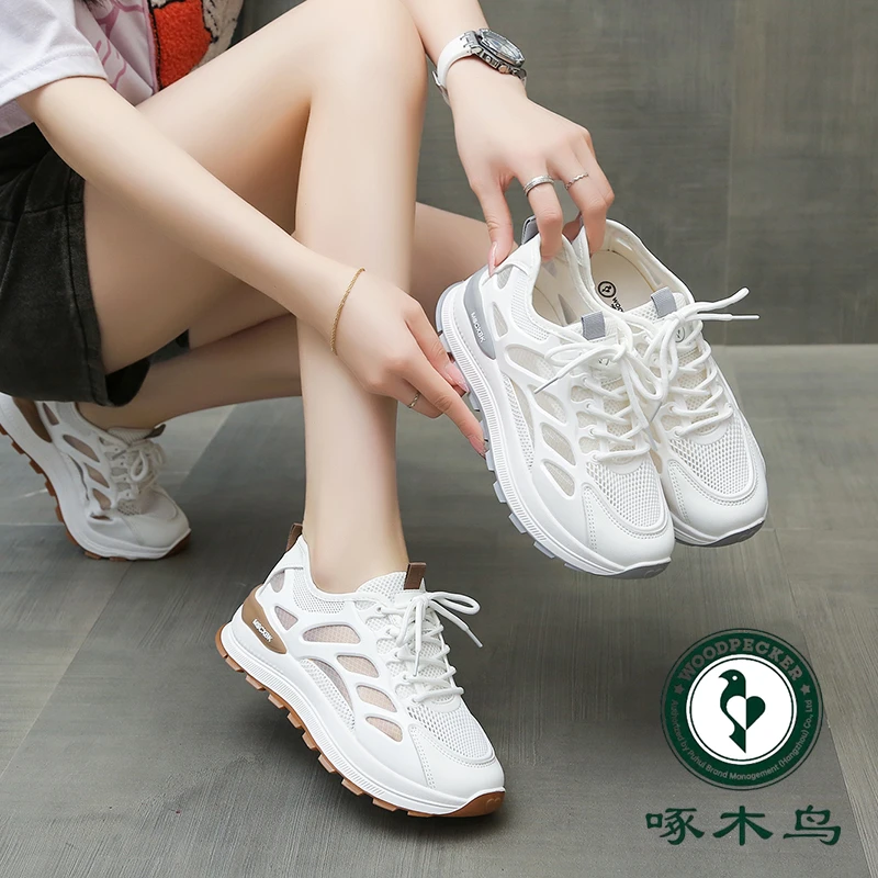 啄木鸟女鞋秋季网面阿甘鞋女2025透气软底软面舒适休闲运动鞋女