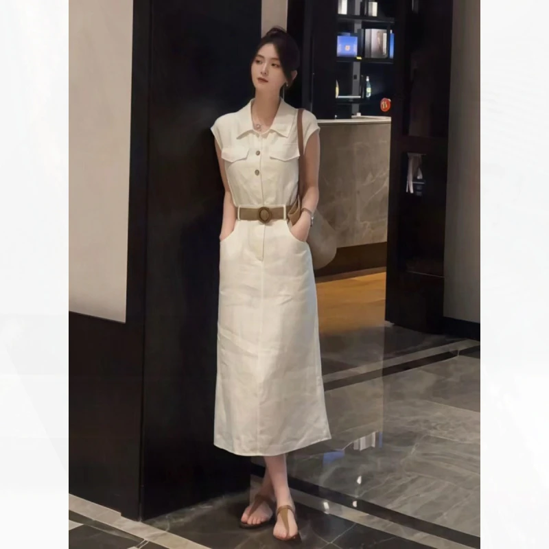 法式气质白色短袖连衣裙子女夏季2025新款收腰显瘦开叉长裙子夏装