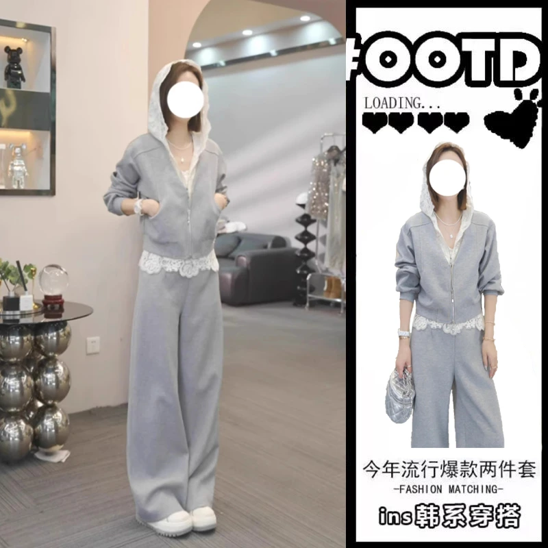 慵懒风休闲运动套装女洋气蕾丝拼接卫衣阔腿裤两件套2025春季新款