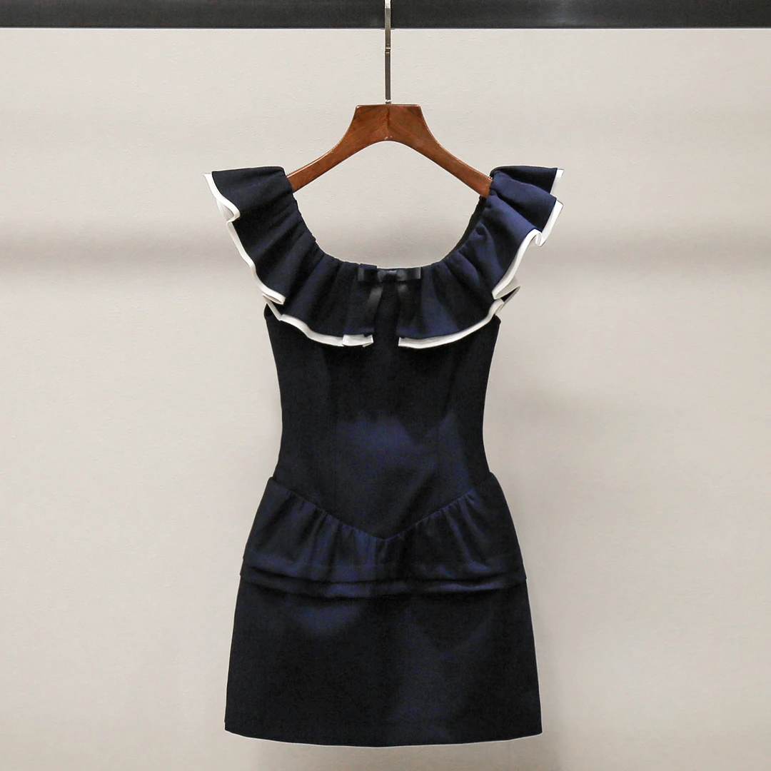 现货甜美修身一字肩荷叶边收腰蓬蓬连衣裙HT3547