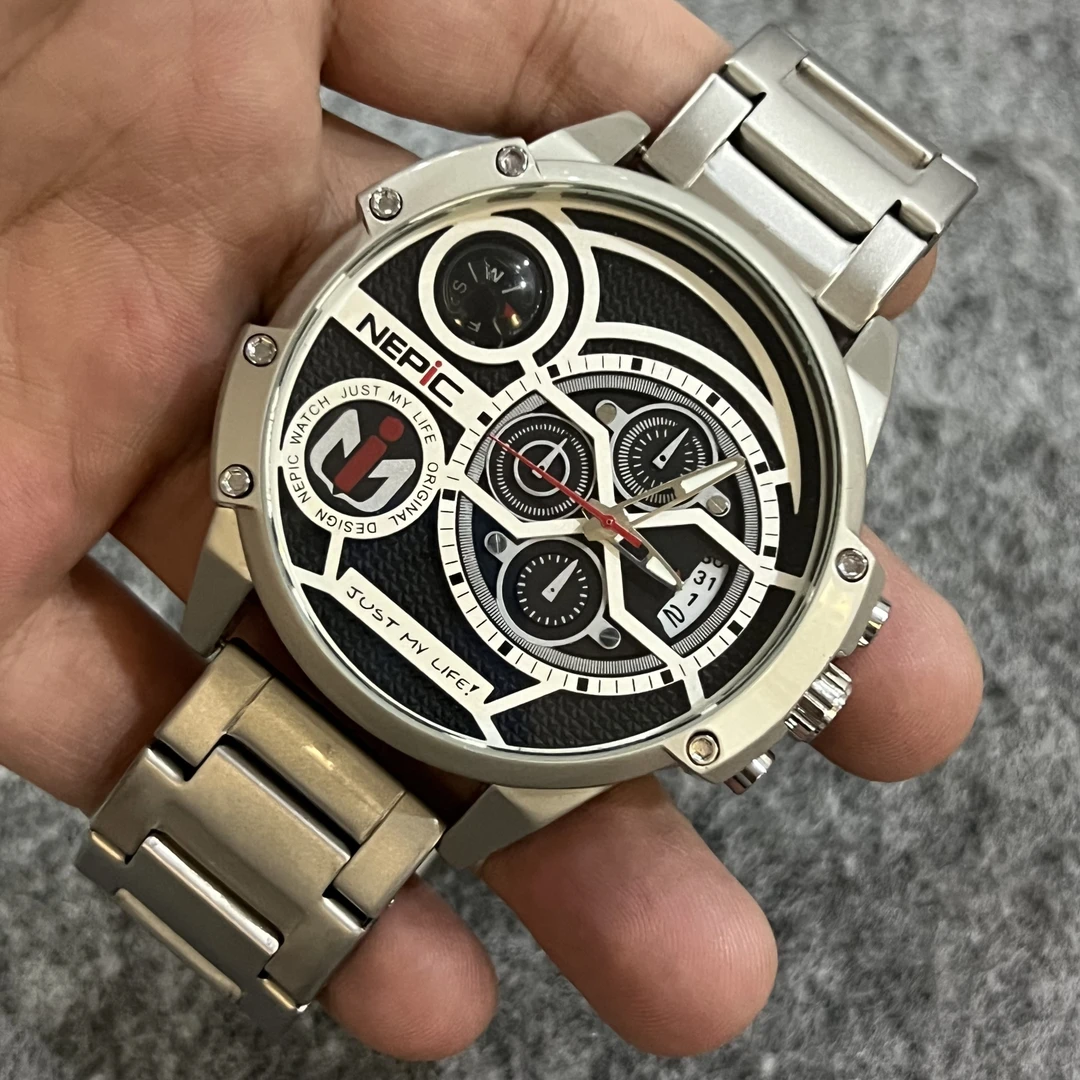 NEPIC品牌大盘指南针全新捡漏石英钢带男表高端商务运动个性潮流
