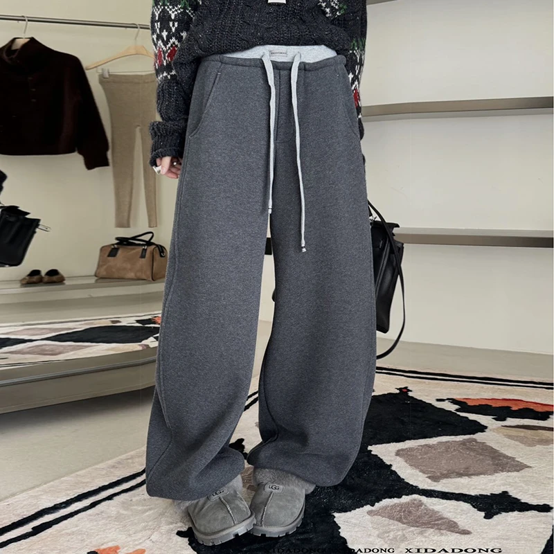 喜新款弯刀裤抽绳松紧高腰拼色阔腿裤加厚绒休闲长裤女9370-8