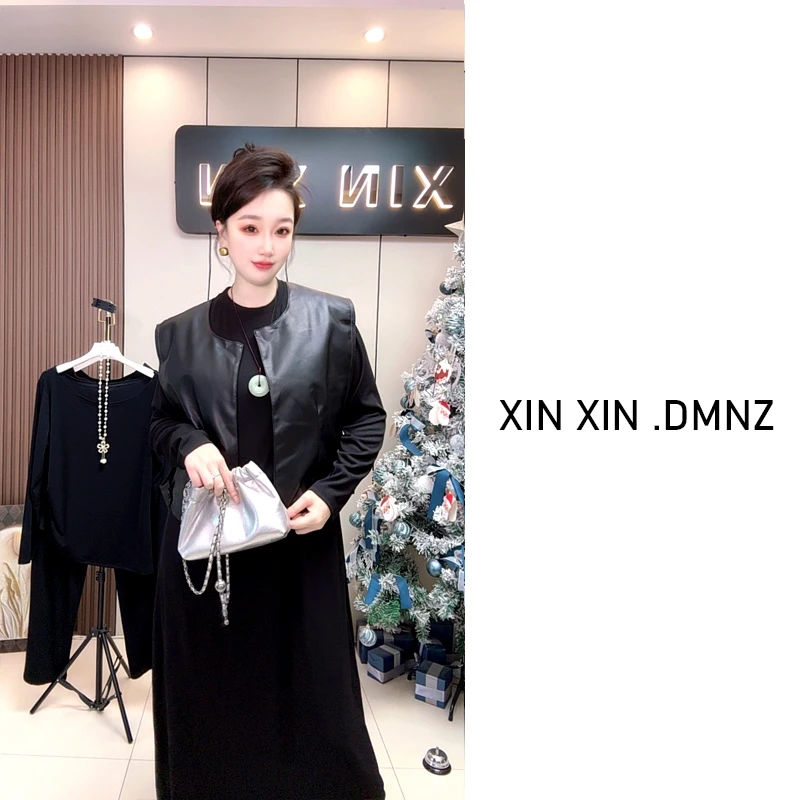 （鑫鑫甄选）连衣裙女秋季2025新款法式气质高级感蛋白皮马甲长裙