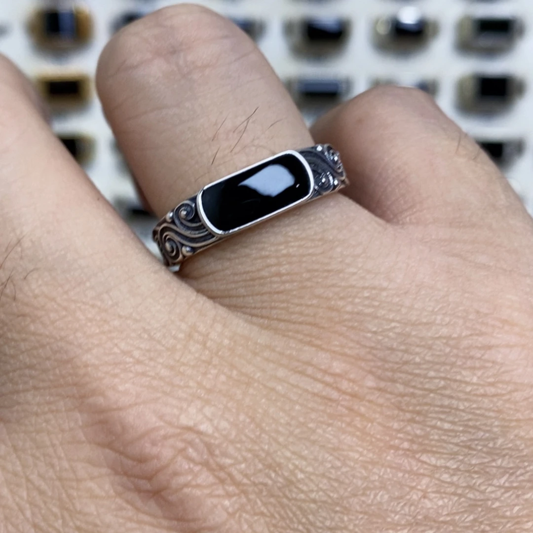 翡翠银S925镶嵌戒指墨翠戒指