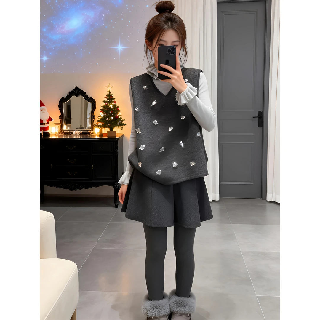 时尚气质木耳花边针织内搭打底衫亮片V领无袖马甲半身裙三件套装