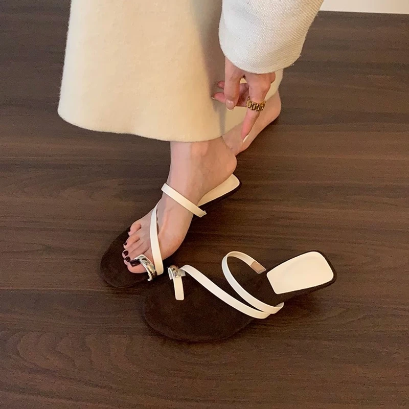 设计感小众坡跟凉鞋夹脚拖鞋女夏外穿金色高跟凉拖鞋罗马鞋女鞋