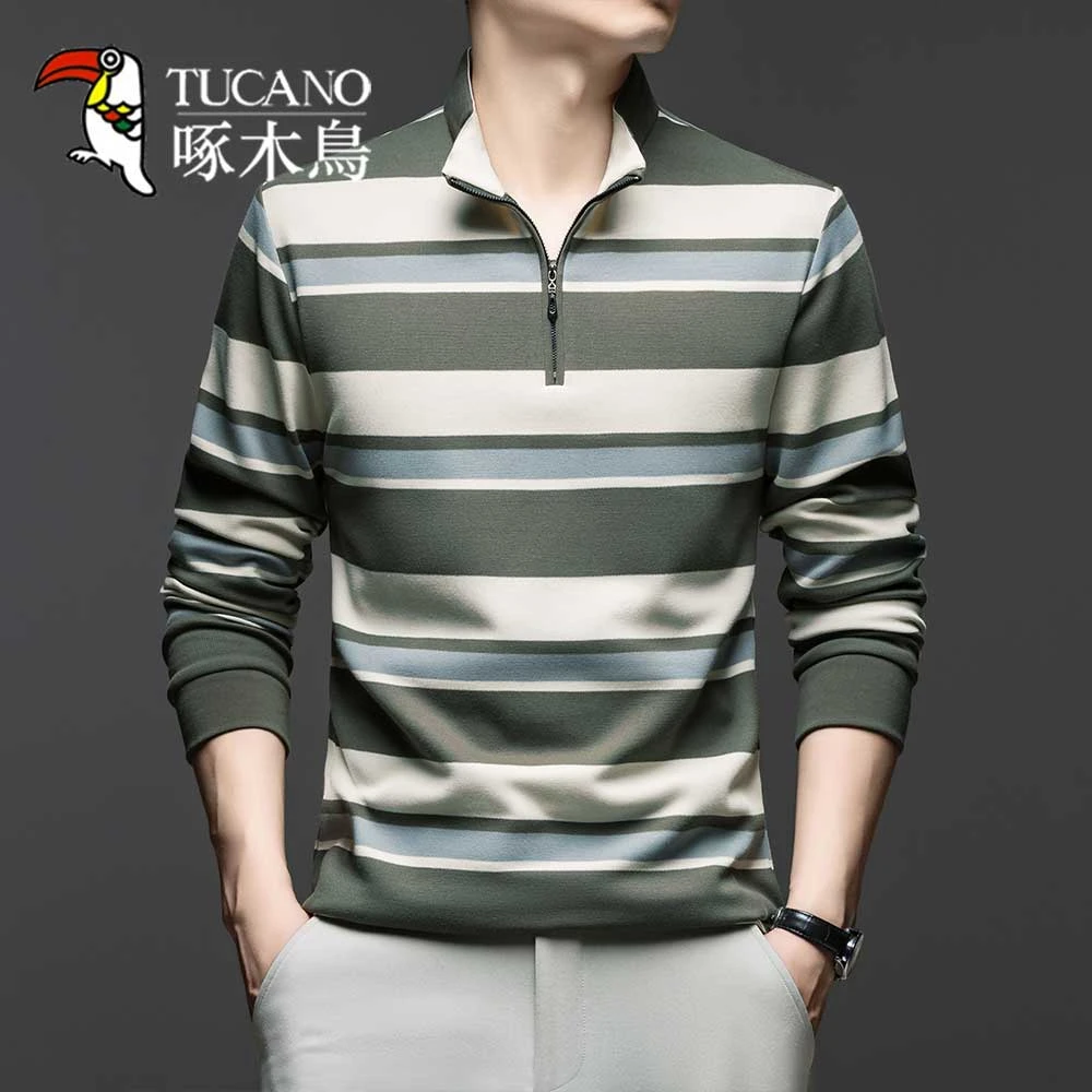 【条纹POLO衫】啄木鸟秋季新款拉链立领POLO衫男士长袖条纹上衣服