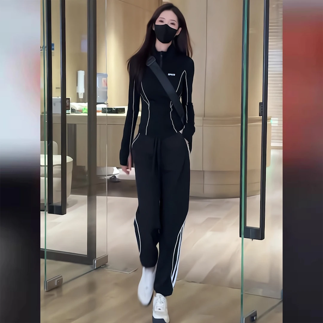 休闲运动简约长裤一整套拉链开衫黑色长袖上衣两件套女装洋气时尚