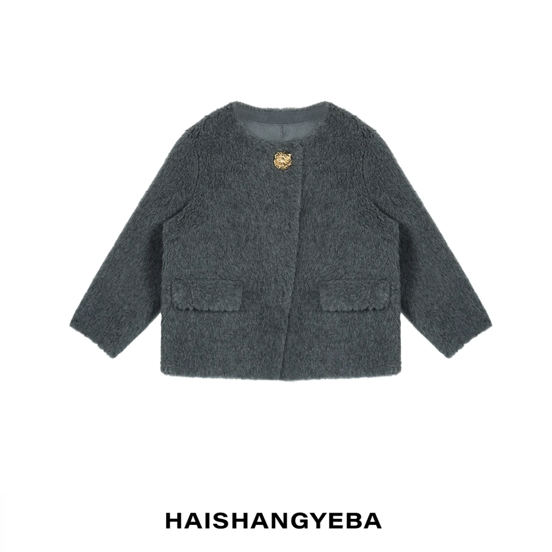 【海上叶爸】新款2024春秋百搭羊毛圆领单扣宽松双口袋长袖外套