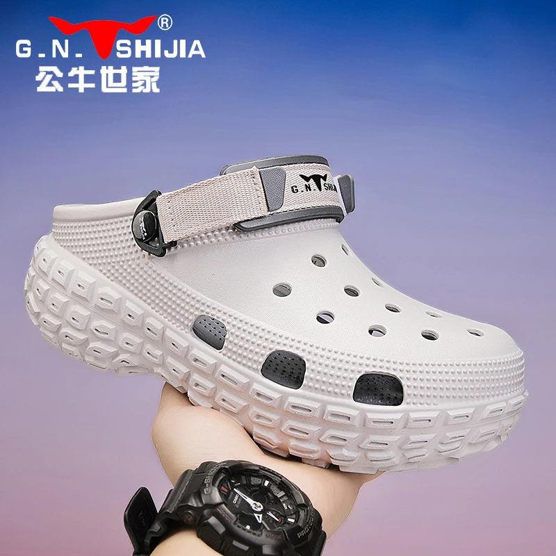 软底厚底拖鞋外穿洞洞鞋凉鞋夏季纯色男士防滑包头增高休闲户外