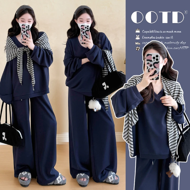 时尚孕妇装2025秋款慵懒套装新款宽松洋气外出V领卫衣披肩三件套