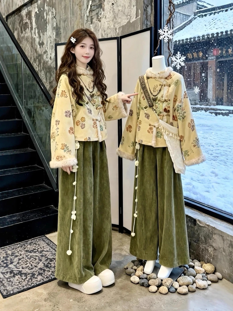 秋冬装一整套新中式复古国风提花加绒上衣保暖外套休闲裤两件套女