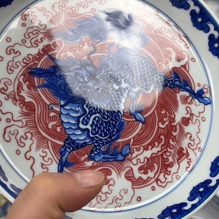 瓷片釉里红麒麟踏浪大胡乘景德镇