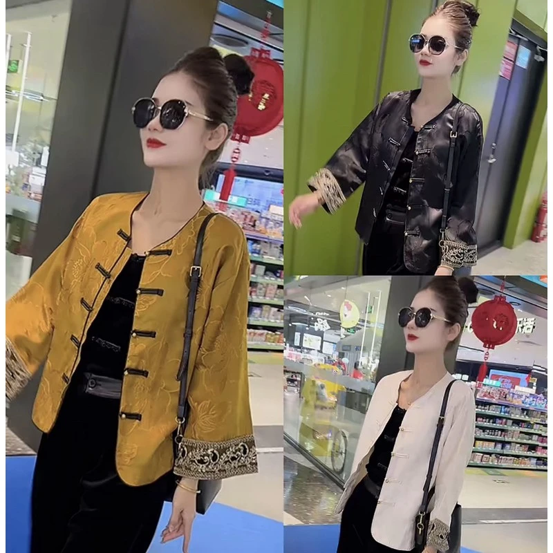 新中式气质圆领盘扣宽松显瘦外套春季新款国风复古提花上衣女装