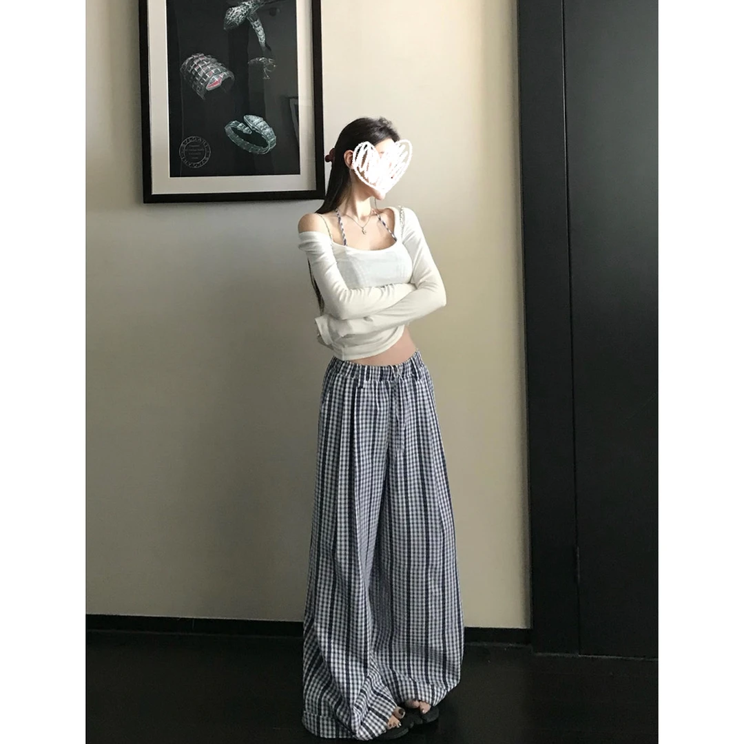 【涟漪风铃】格纹休闲裤子女春抽绳阔腿裤比基尼挂脖吊带
