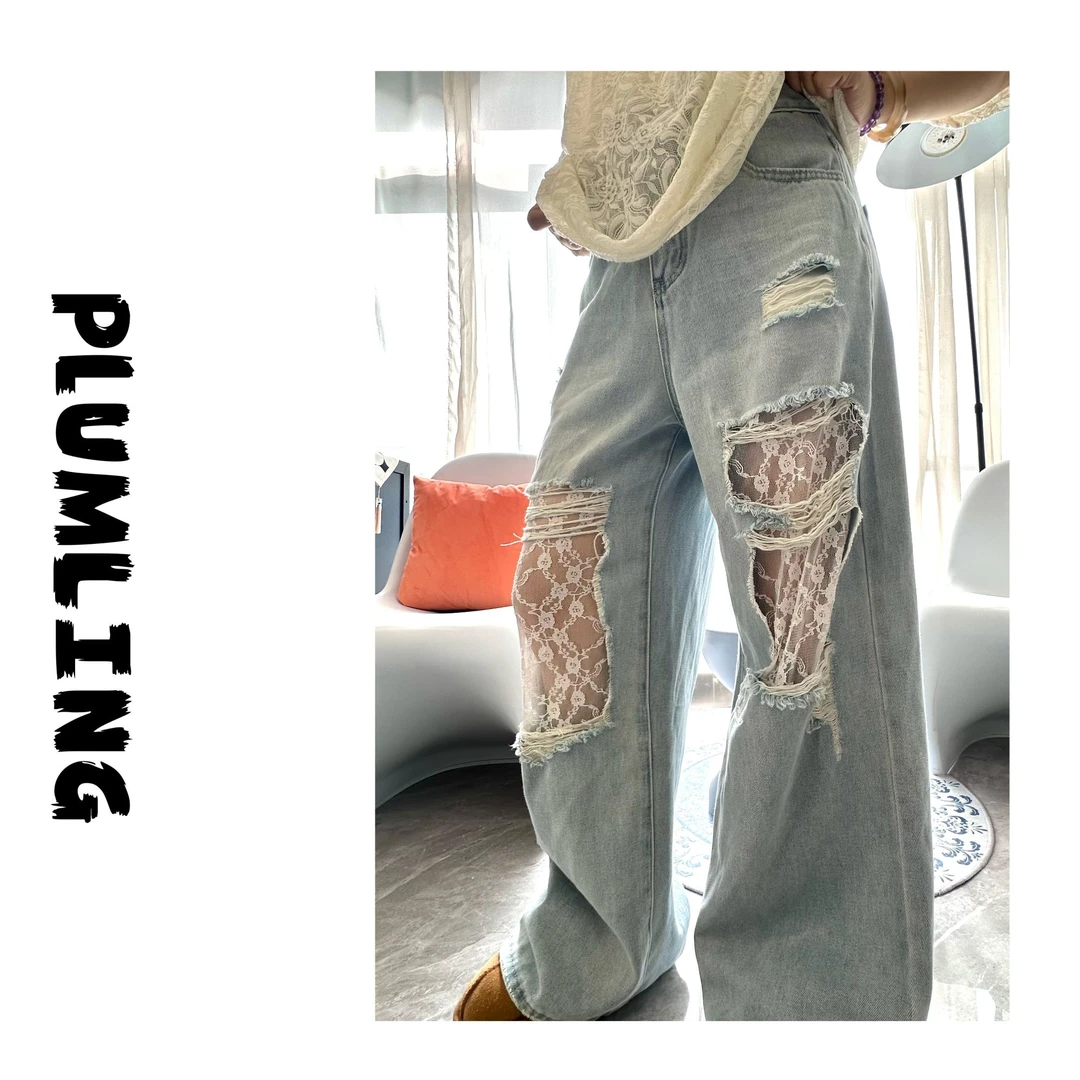 PLUMLING【牛仔絮语】破洞雷丝牛仔拼接百搭宽松休闲裤